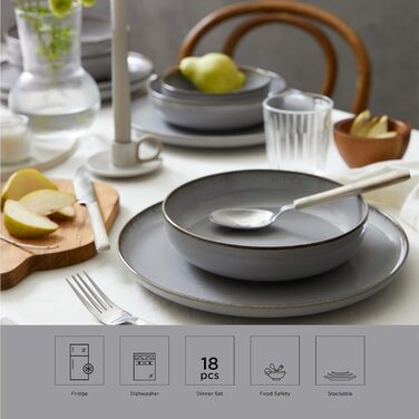 Набір посуду Kutahya Porselen (12 предметів) для 4 осіб – Сучасний порцеляновий сервіз Pearl Grey – Тарілки, супові тарілки та миски – Підходить для миття в посудомийній машині