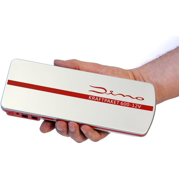 Портативний пусковий пристрій Dino KRAFTPAKET 12V-600A: для авто, мотоциклів та човнів. Підтримка різних типів акумуляторів (свинцево-кислотні, GEL, EFB, AGM). Ємність 66.6Wh, 18000mAh.