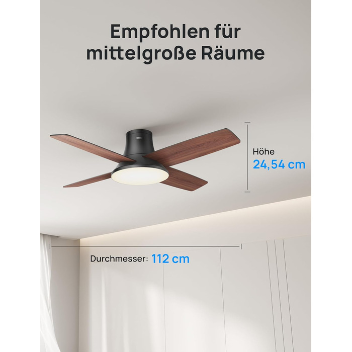 Стеляний вентилятор Dreo з підсвічуванням та пультом керування, 112 см (44 дюйми), плоский, чорний, реверсивний, 5 лопатей, 6 рівнів регулювання яскравості, 6 швидкостей, тихий, з таймером, легка установка для спальні