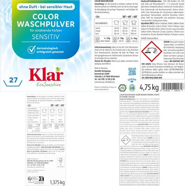 Пральний порошок для кольорових речей Klar EcoSensitive SENSITIV, гіпоалергенний, без ароматизаторів, 4.75 кг (набір 2 шт по 2.375 кг)