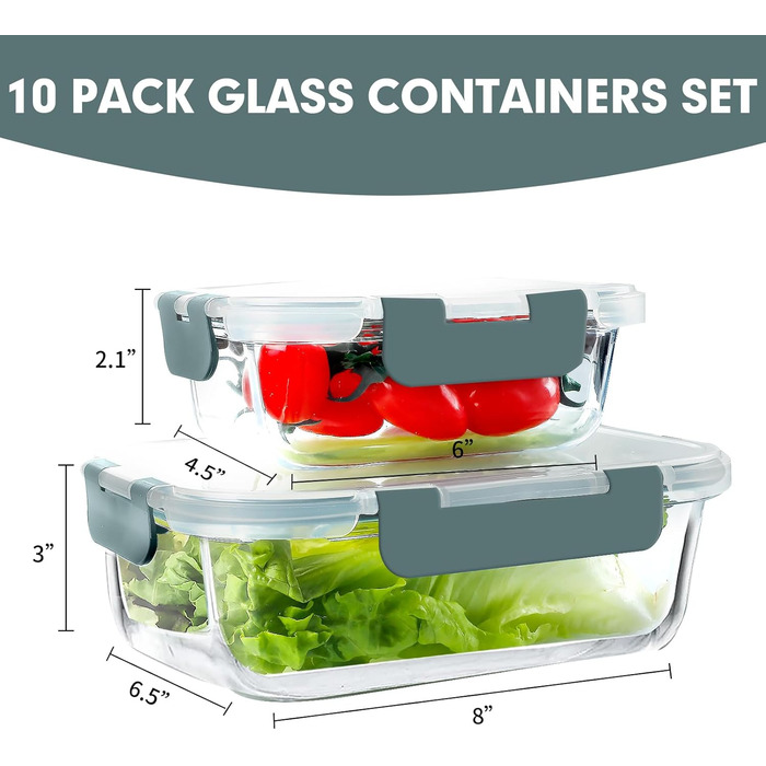 VERONES 10-Piece Glass Crisper Set, Airtight Glass Lunch Containers, Stackable Glass Food Storage Containers Set with Lid, Freezer and Dishwasher Safe, Grey