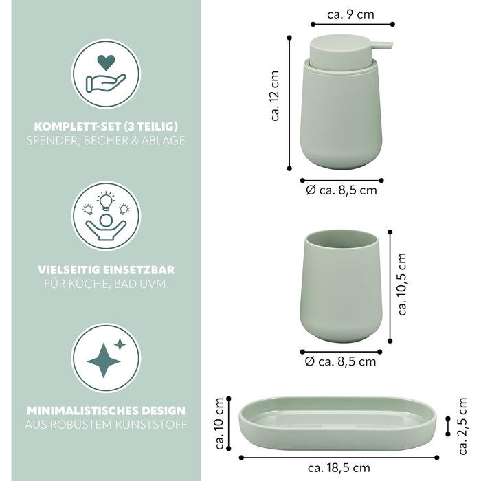 Набір аксесуарів для ванної кімнати Eluno TESERO (3 шт.) з Soft-Touch, пластик, салатний колір