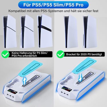 Підставка для PS5 Slim/Pro з зарядною станцією для контролера, RGB підсвічуванням, вентилятором, тримачем для навушників та USB хабом (чорний/білий)