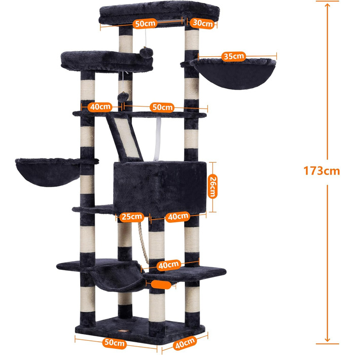 Багатоповерховий котячий будиночок Heybly Kratzbaum HCT025G, 173 см, з 16 стовпчиками для дряпання, 2 платформами, гамаком, печерею та іграшками