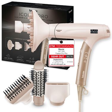 Фен для волосся Beurer HC 150 FusionDry Pro з цифровим двигуном, іонізацією та набором з 4 насадок, складаний дорожній варіант