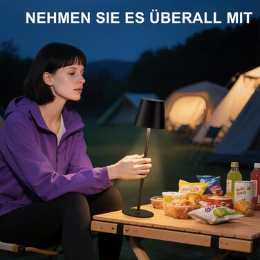 Акумуляторна настільна лампа LED бездротова з USB-C зарядкою, димується, 3 режими світла, чорна - для дому, кемпінгу