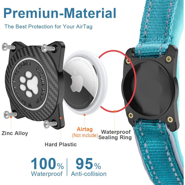 Світловідбиваючий нашийник для собак AirTag, водонепроникний, для середніх та великих собак, розмір M (35.5-44 см), блакитний