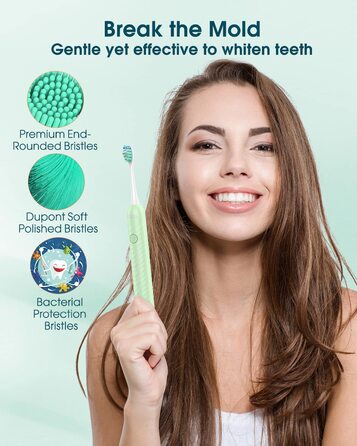 Електрична зубна щітка для дорослих з 6 насадками, акумуляторна звукова, 180 днів роботи, світло-зелена