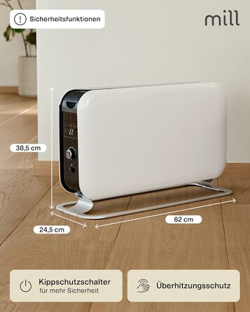 Електричний конвекторний обігрівач Mill MEC 2000W – 24-28 м², з термостатом, тихий, для дому, білий