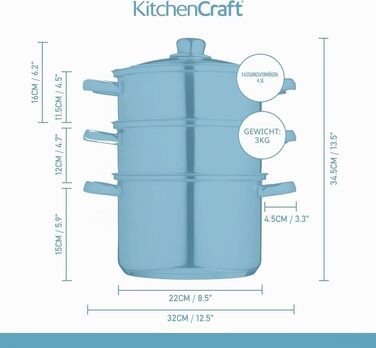 Набір каструль KitchenCraft з пароваркою, 3 предмети, нержавіюча сталь, для індукційних плит, 22 см, сріблястий