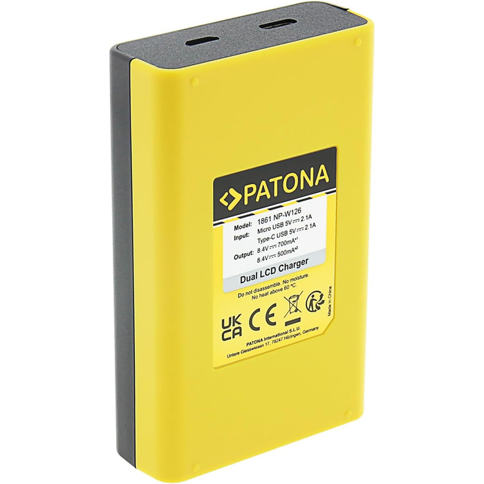 Зарядний пристрій Patona Dual LCD USB-C для акумуляторів Fujifilm NP-W126s/NP-W126 (X-T5, X-T50, X100VI, X-S10, X-T30, X-Pro3) з дисплеєм заряду + USB-кабель