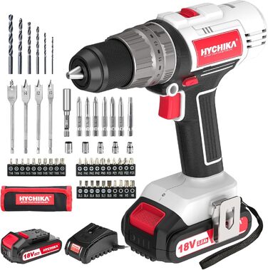Акумуляторний шуруповерт HYCHIKA 18V, 45 Nm, 2.0 Ah, 21+3 ступені, 2 швидкості, з набором аксесуарів
