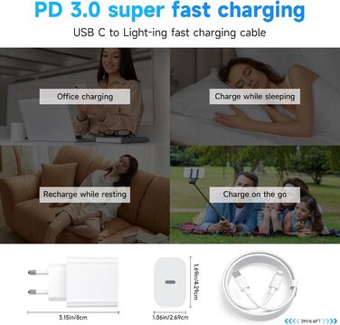 Зарядний пристрій 20W USB-C з кабелем Lightning для iPhone 14/13/12/11/X/XR/XS/Mini/SE - 2 шт, Швидка зарядка PD3.0, Білий