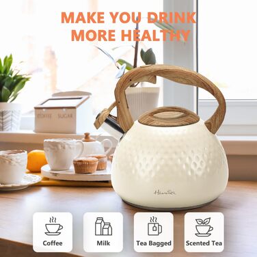 Чайник для плити Harriet Teekessel, 2.5 QT з флейтою, з 5-шаровим дном, з нержавіючої сталі, з термостійкою ручкою, підходить для газових та електричних плит, червоний глянцевий (бежево-білий глянцевий)