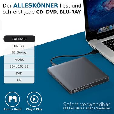 Зовнішній Blu-ray привід techPulse120 USB 3.1 Type-C M-Disc BDXL Brenner Player Slim для PC, Notebook, Mac OS, MacBook Pro Air, алюміній (сірий)