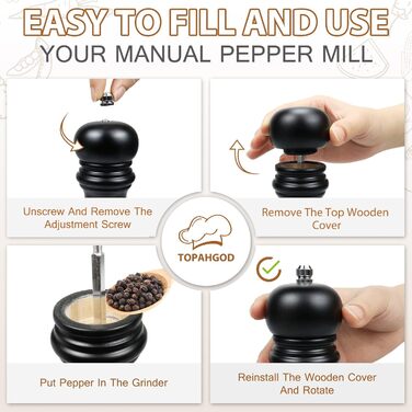 Набір з 2 мельниць для солі та перцю (соль, перець, чилі) - ручні, дерев'яні, з регулюванням помелу, класичний дизайн, чорний та білий