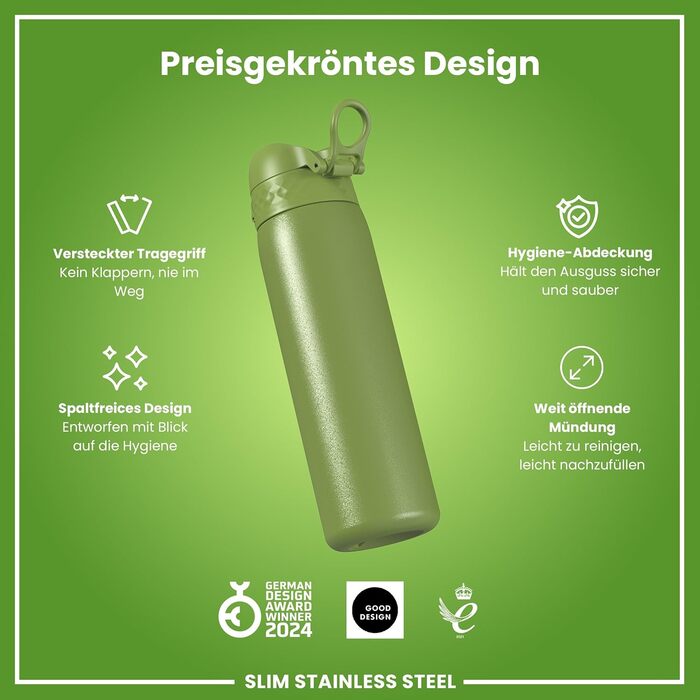 Ion8 Stainless Steel Drinking Bottle, 600 ml, Leak-Proof, One-Hand Operation, Secure Locking Mechanism, Dishwasher Safe, Flip-Top Lid, Carrying Handle, Easy to Clean, Durable & Scratch-Resistant (Stainless Steel, Khaki Green)