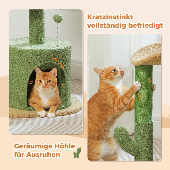 PETEPELA Cactus Scratch Tree Small 84cm Modern Cat Tree Detachable Top Bed, Plush Cave, 2 Sisal Posts, 2 Play Balls, Green