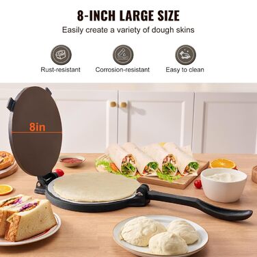 Пресс для тортилій VEVOR, 20 см, з чавуну, для приготування тако, з 100 шт. паперу для випікання, чорний