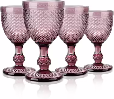Joeyan 270ml Violet Vintage Wine Glasses with Diamond Relief, Colorful Goblet Glasses Wine Cup Set for Wine Juice Drinks, Set of 4 Retro Drinking Glasses with Stem, Dishwasher Safe