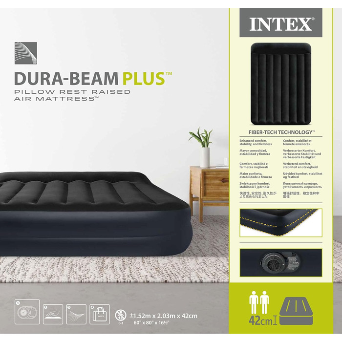 Надувне ліжко Intex Queen Pillow Rest Raised з подушкою, Fiber-Tech, 152x203x42 см, чорне/синє