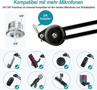 Кріплення для мікрофона на подовжувачі, регульоване, чорне. Сумісне з Blue Yeti, HyperX QuadCast. З адаптером 3/8' - 5/8'.