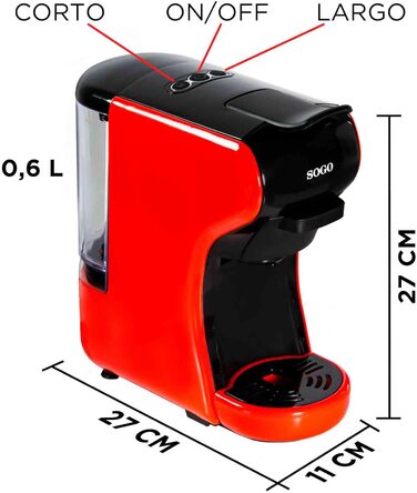 SOGO 3-in-1 Espresso Coffee Machine | Adapter for Capsules of Leading Brands | Ground Coffee, Coffee Pads, Tea | 19 Bar Pressure | Compact Size (SS-5675) (red)