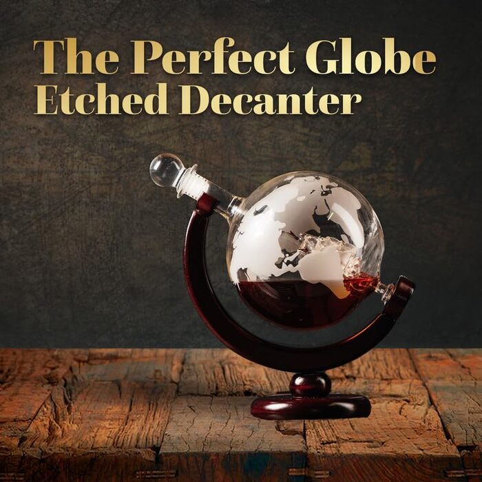 Kemstood Whisky Decanter Globe Set (850 ml) - Elegant Whiskey Decanter with Glasses, Wooden Stand, and Engraved World Map - Whiskey Gift Set/Gifts for Men Who Have Everything, Whiskey Decanter