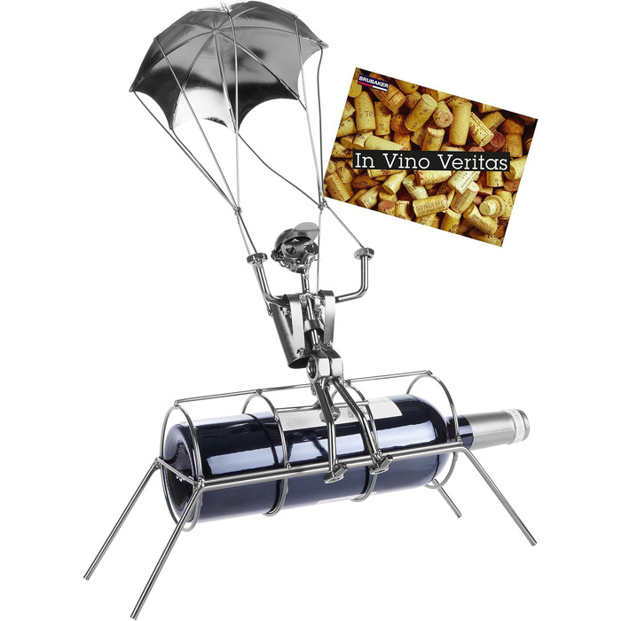 BRUBAKER Bottle Holder Parachutist - Metal Wine Bottle Holder Parachute Jump - Sculpture with Gift Card - Silver
