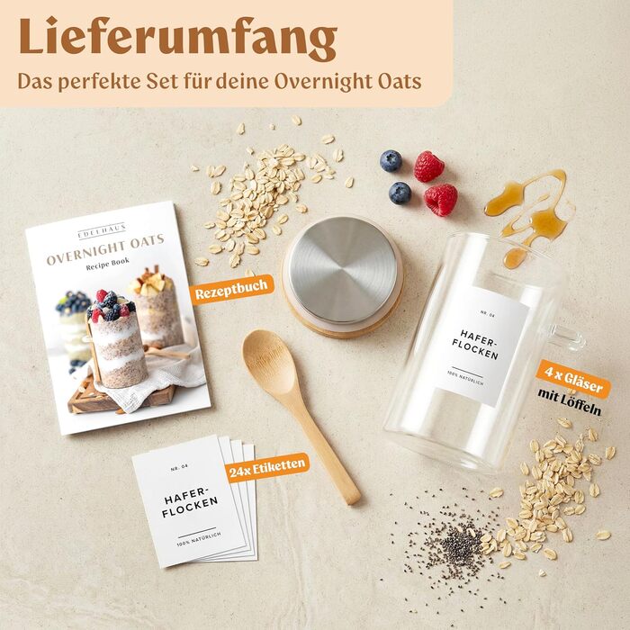 EDELHAUS Банки для Overnight Oats 4x500 мл з кришками, етикетками та ложками - герметичні скляні банки для вівсянки, йогурту, чиа-пудингу, спецій