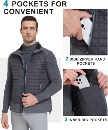 Little Donkey Andy Легка пухова жилетка для чоловіків, тепла безрукавка, outdoor куртка для піших прогулянок, подорожей, бігу, XXL, темно-сірий