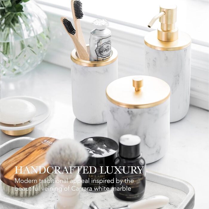 Набір аксесуарів для ванної кімнати: дозатор мила та тримач для зубних щіток, мармур, золото, стиль фермерський дім, 5 предметів
