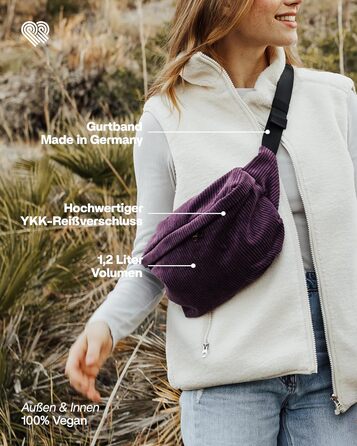 Чоловіча та жіноча поясна сумка PP-Berlin з бавовни ручної роботи, 3 відділення, веганський матеріал, виготовлена в Німеччині, для повсякденного використання, можна носити як через плече (фіолетовий)
