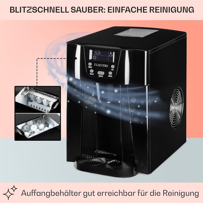 Машина для приготування льоду Klarstein Eiswürfelmaschine Klein, 2 л, водопостачальник, для 12 кг великого льоду, швидка, з сигналом, пластик (чорний)