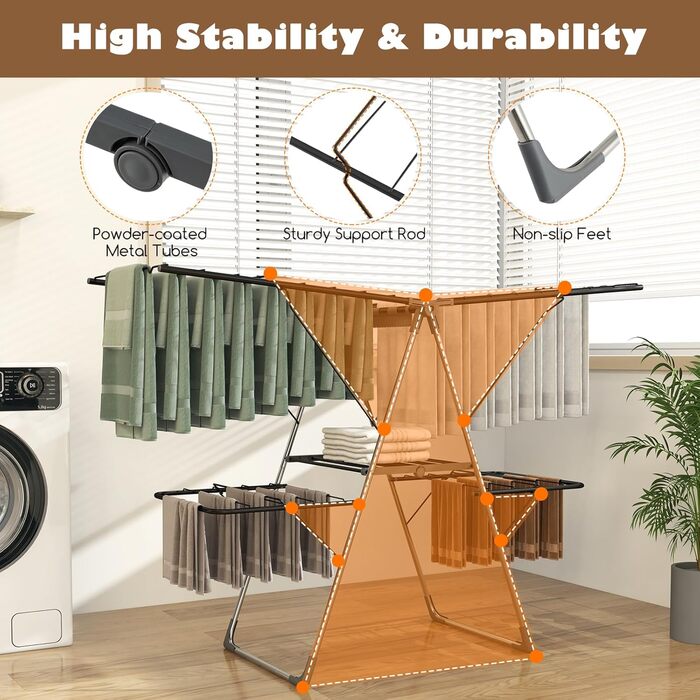 Стійка для сушіння білизни HOMASIS, розкладна, з 2 крилами, регульована, 6 рівнів, з вішалкою для білизни, прищіпками та полицею для взуття, для балкону (Білий/Чорний)