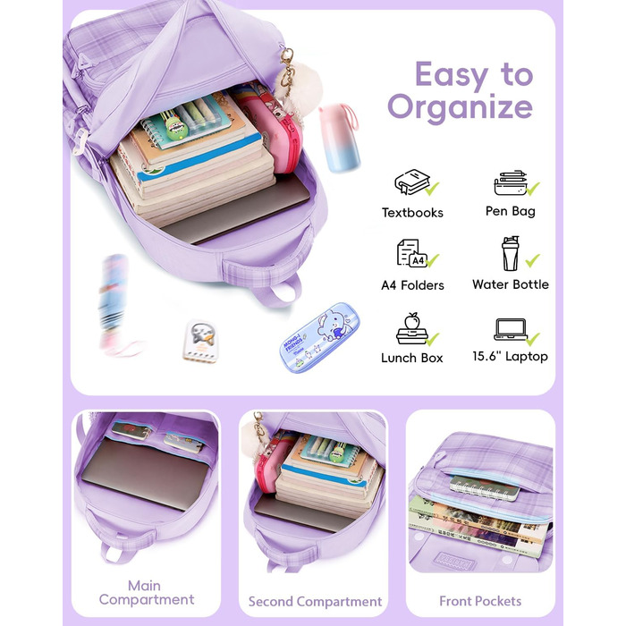 Рюкзак Tanou для дівчаток, підлітків: великий шкільний набір з сумкою через плече, в клітинку, 26L, фіолетовий