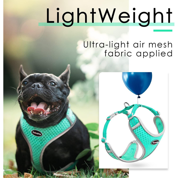 Шлейка для собак ThinkPet No-Pull, дихаюча, для маленьких, середніх та великих собак, регульована, м'яка, для прогулянок, з контролем, з підкладкою, світловідбиваюча (зелена, S, 1 шт.)