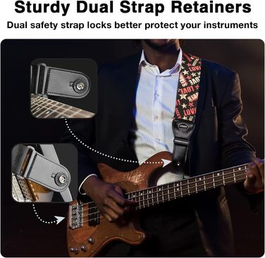 Гітарний ремінь LEKATO з 3D неопреновим наповнювачем, ширина 3 дюйми, довжина 114–139 см, регульований ремінь для бас-гітари та електрогітари з шкіряними кінцями