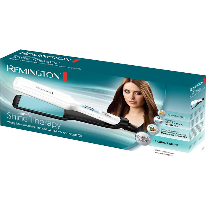 Випрямляч для волосся Remington S8550 Shine Therapy з LCD-дисплеєм: керамічне покриття з аргановою олією та вітаміном E, 150-230°C