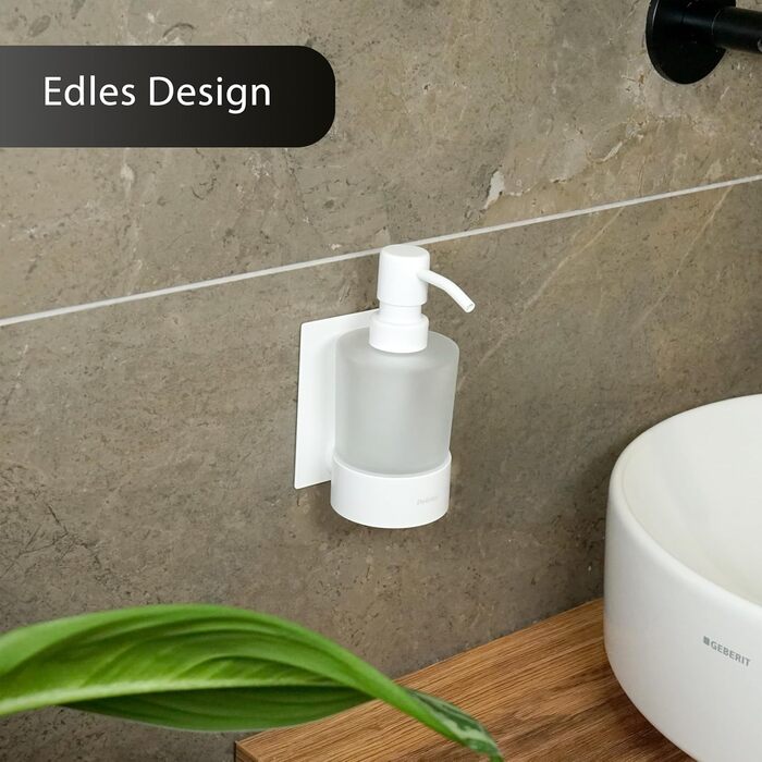 Dolvhin® Soap Dispenser Wall Mount No Drilling | Frosted Glass Hand Soap Dispenser | Stainless Steel Pump Dispenser & Wall Holder | Adhesive Wall Soap Dispenser | Dish Soap Dispenser 250ml | Matte White