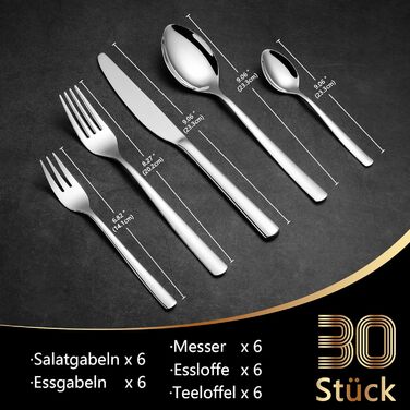 Opolia 30-Piece Shiny Cutlery Set, Suitable for 6 People, High-Quality Stainless Steel Cutlery Set with Knives, Forks, and Spoons, Can Be Used at Home & Party & Hotel & Restaurant, Dishwasher Safe