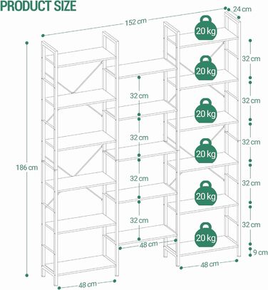 Книжкова шафа Hzuaneri з 17 полицями, 6 ярусів, регульовані полиці, 24x152x186 см, навантаження 340 кг, чорна з деревною текстурою, для вітальні та офісу