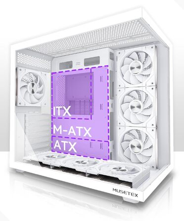 Ігровий корпус для ПК Musetex Y6 ATX Mid Tower, 7 ARGB PWM вентиляторів Infinity Mirror, панорамне загартоване скло 270°, USB Type-C, Білий