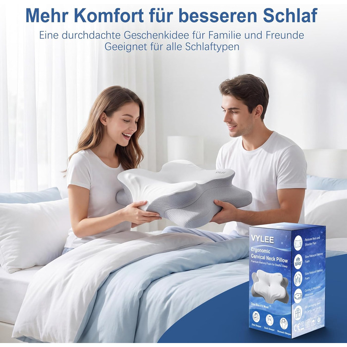 Подушка для шиї VYLEE з піни Memory Foam: ортопедична для сну на спині, боку та животі, від болю в шиї та плечах (Сіра)