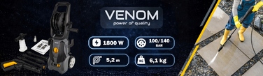 Мийка високого тиску VENOM 1800W, алюмінієвий насос, 140 бар, шланг 5,2 м із котушкою