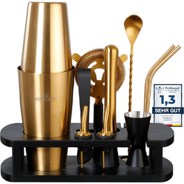 Barmingo Stainless Steel Cocktail Set - 11 Piece Boston Shaker Set with Stand & Bar Accessories | Cocktail Shaker Set, Bartender Set, Bar Set | Black Silver