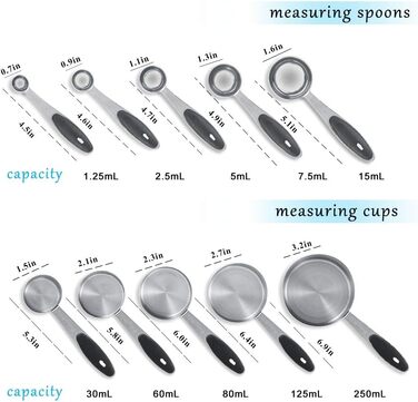 Stainless steel measuring cups and spoons, 10-piece set with storage rings, nesting teaspoons for measuring dry and liquid ingredients. Spoons