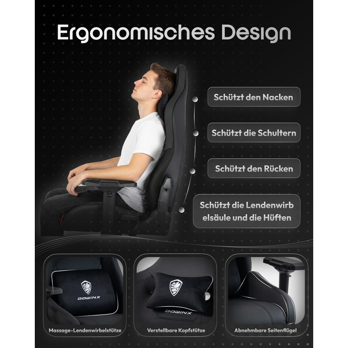 Ігровий крісло Dowinx з 4D підлокітниками, функцією гойдання 15° та регулюванням спинки до 165°, масажний, ергономічний, дизайн у стилі гоночного авто, до 135 кг, чорний