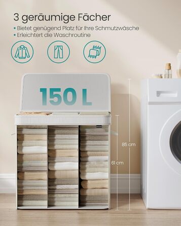 Кошик для білизни SONGMICS з кришкою, 150 л, бамбук, знімний мішок, ручки, білий