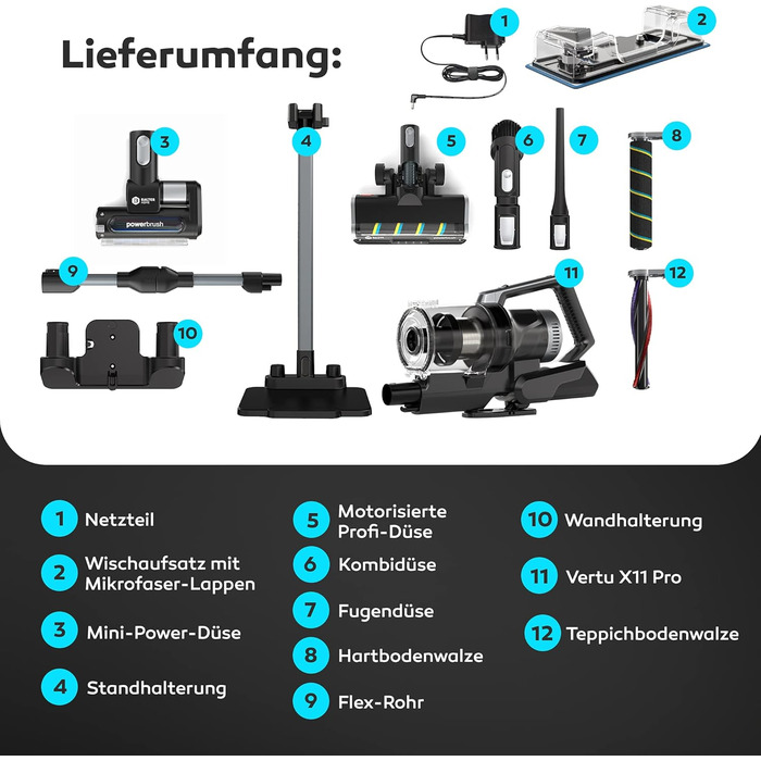 Бальтер Верту X11 PRO: Бездротовий пилосос з функцією миття підлоги, акумуляторний, 350W, до 50 хв роботи, без мішка, гнучкий з'єднувальний елемент, LED-насадка, для видалення шерсті тварин